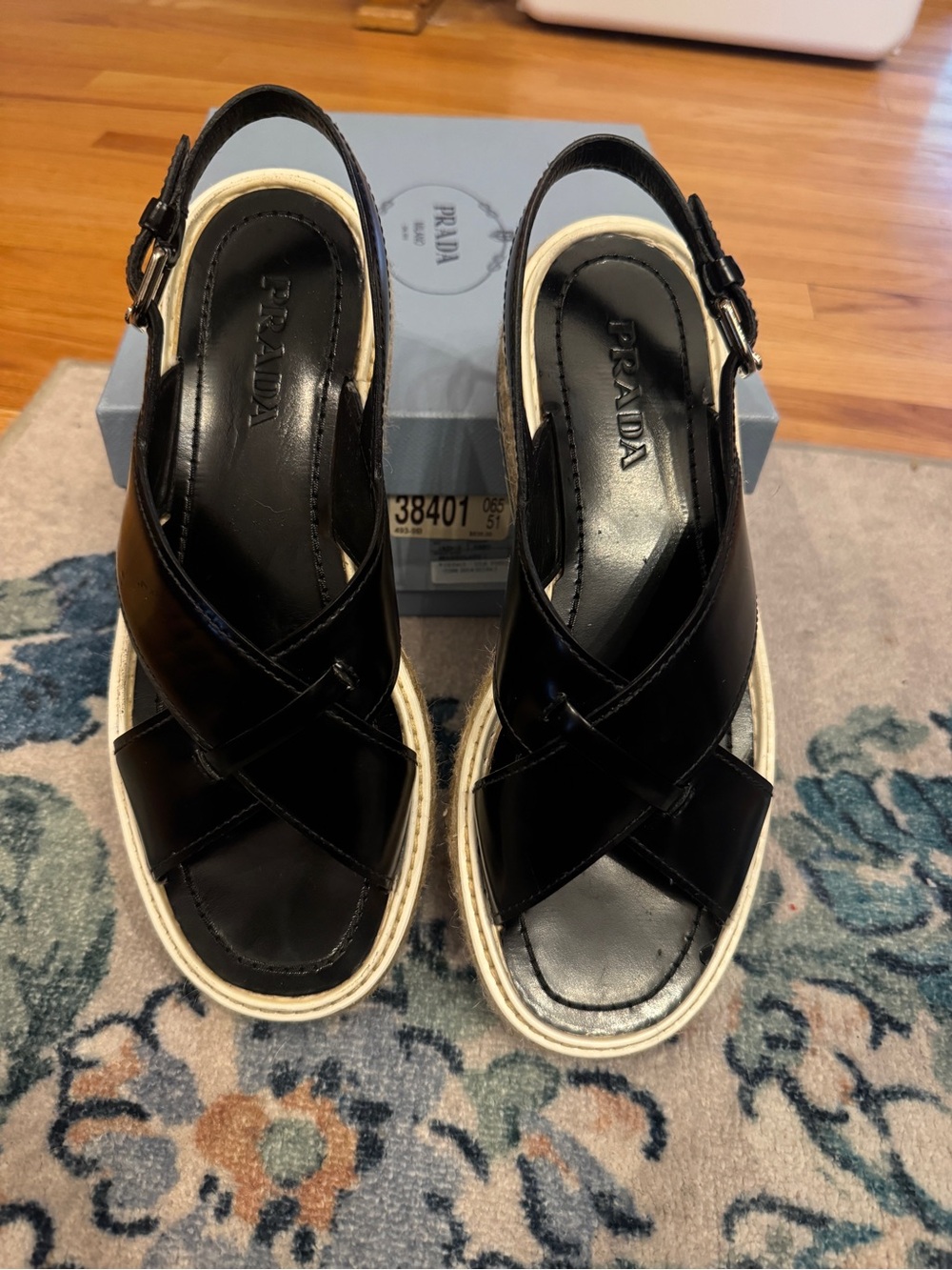 Prada Black Leather Espadrille Platform Sandals 39 - Picture 2 of 7